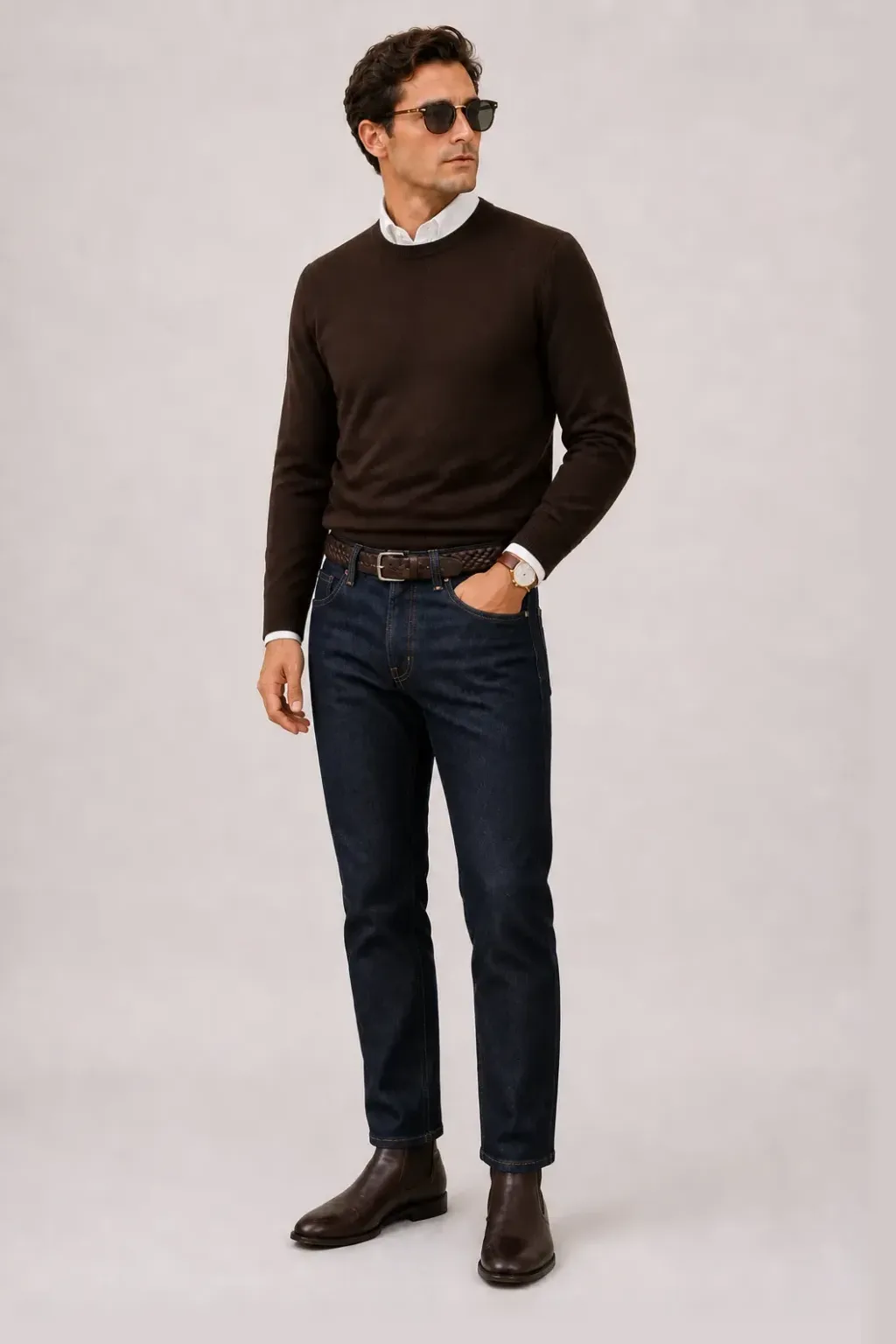 Crewneck-Pullover Feinstrick Schokobraun über Button-Down-Hemd, dazu Jeans Navy und Bootsschuh