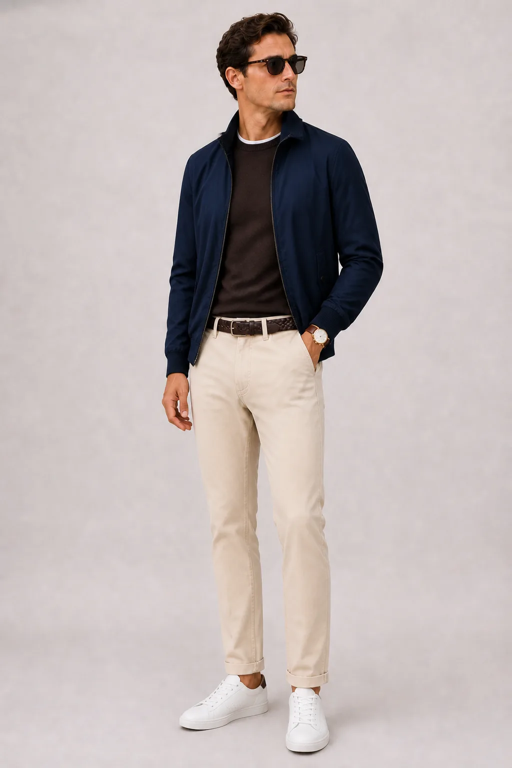 Harrington Blouson Navy über T-Shirt, dazu Chino Creme und Sneaker — Crewneck-Pullover Feinstrick Schokobraun