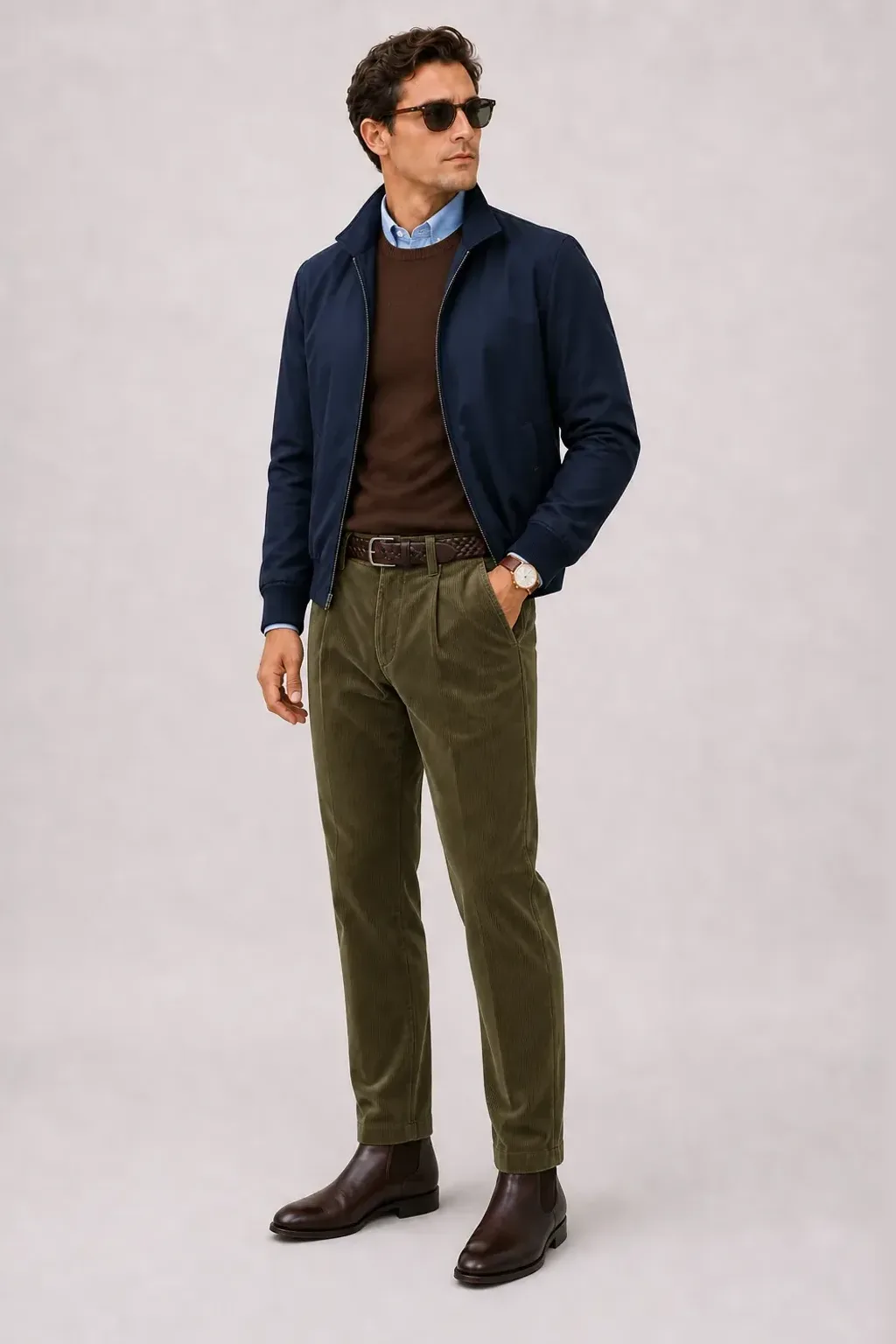 Harrington Blouson Navy über Button-Down-Hemd, dazu Cordhose Oliv und Chelsea Boot — Crewneck-Pullover Feinstrick Schokobraun