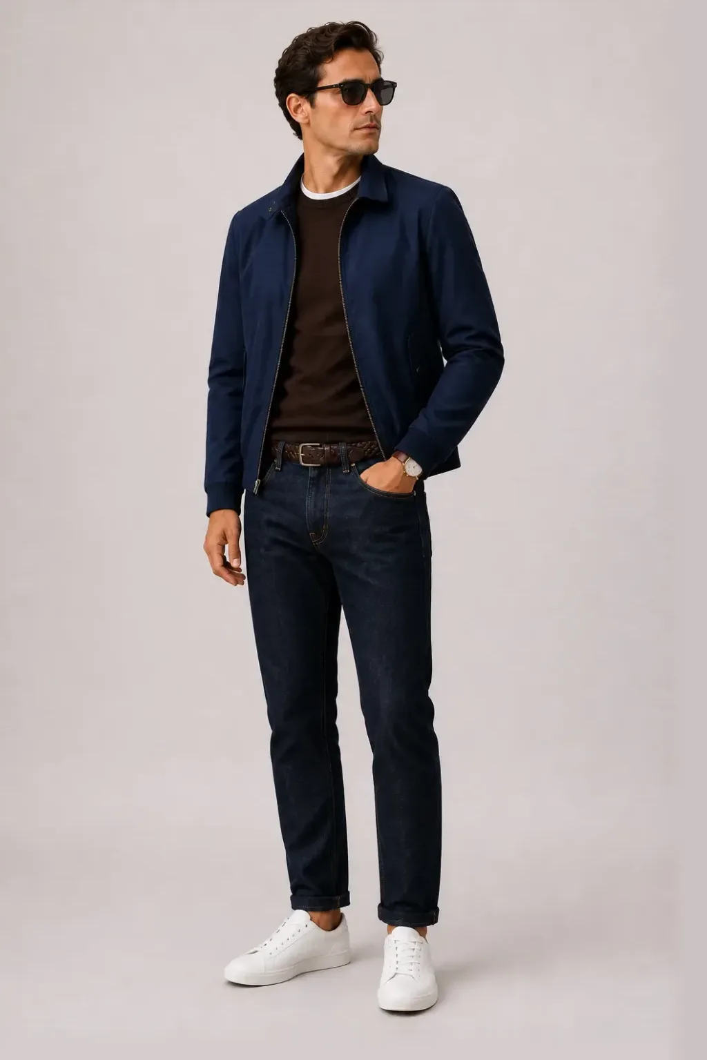Harrington Blouson Navy über T-Shirt Weiss, dazu Jeans Navy und Sneaker — Crewneck-Pullover Feinstrick Schokobraun