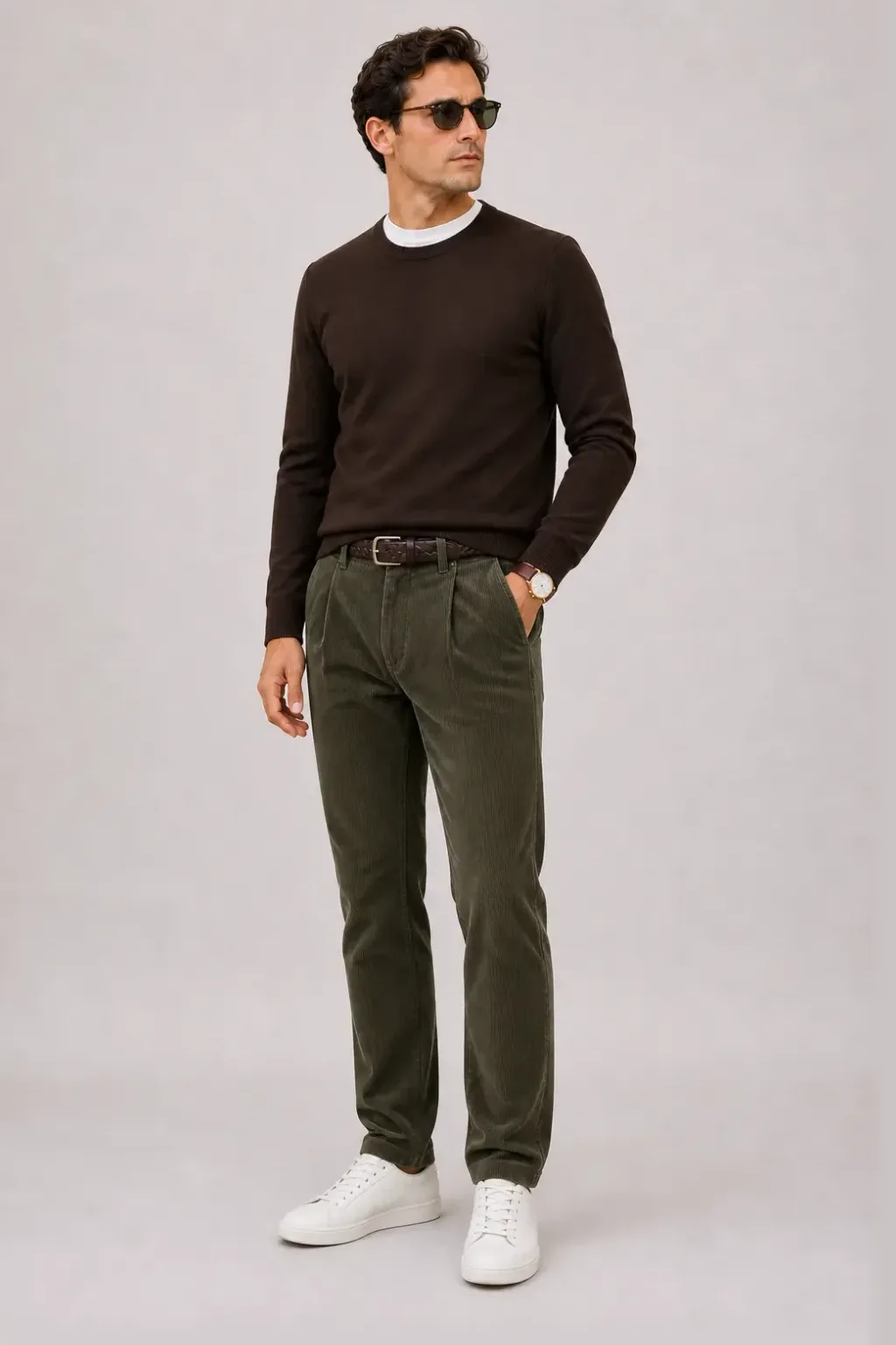 Crewneck-Pullover Feinstrick Schokobraun über T-Shirt, dazu Cordhose Oliv und Sneaker