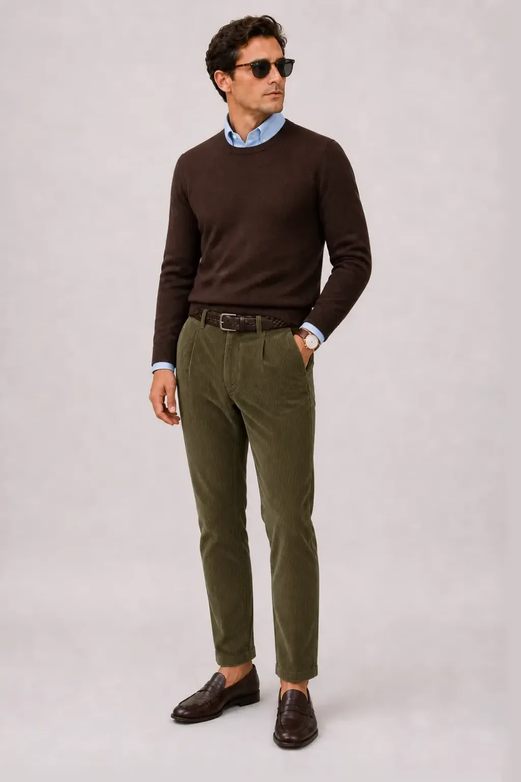 Crewneck-Pullover Feinstrick Schokobraun über Button-Down-Hemd, dazu Cordhose Oliv und Penny Loafer