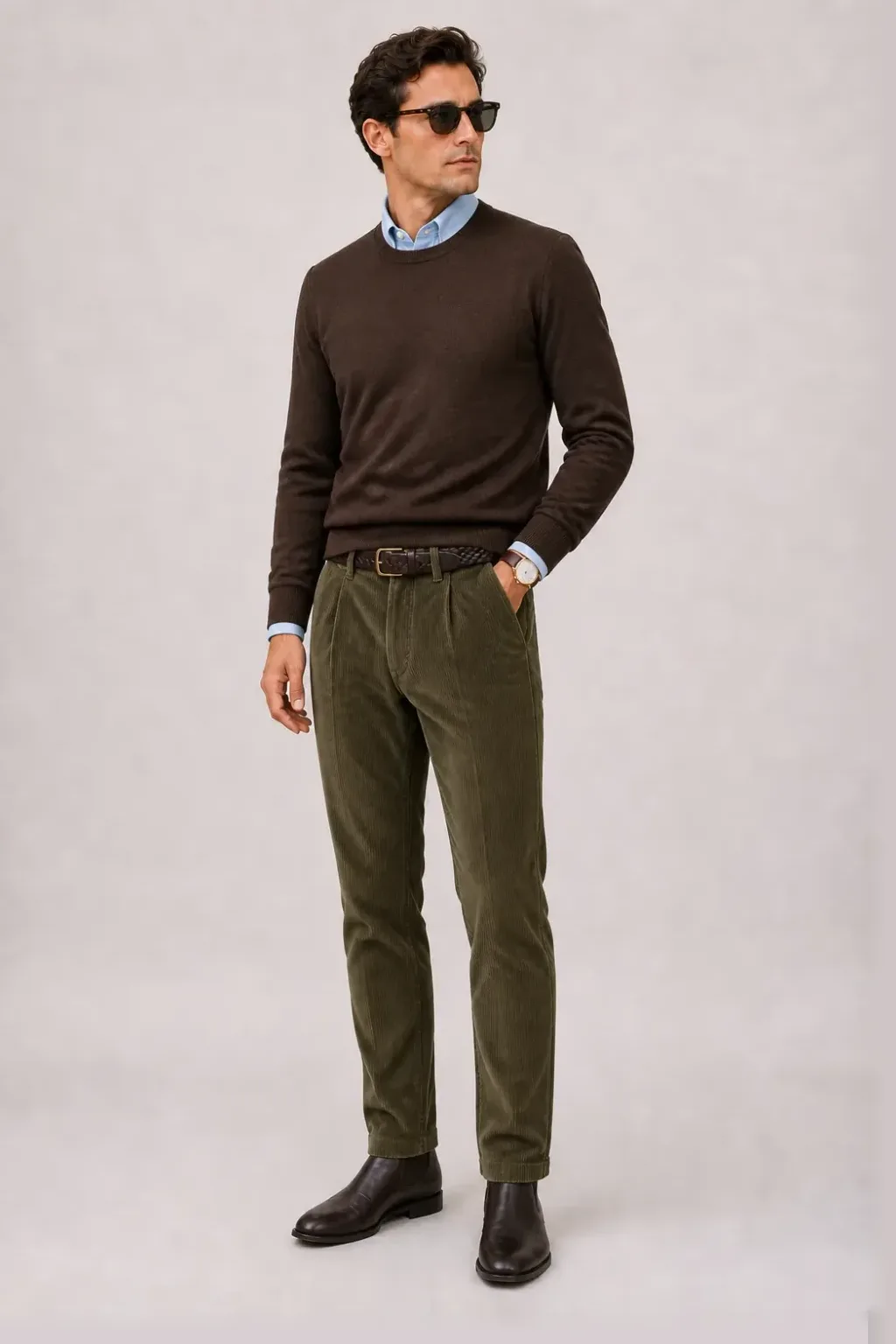 Crewneck-Pullover Feinstrick Schokobraun über Button-Down-Hemd, dazu Cordhose Oliv und Penny Loafer — Chelsea Boot Dunkelbraun