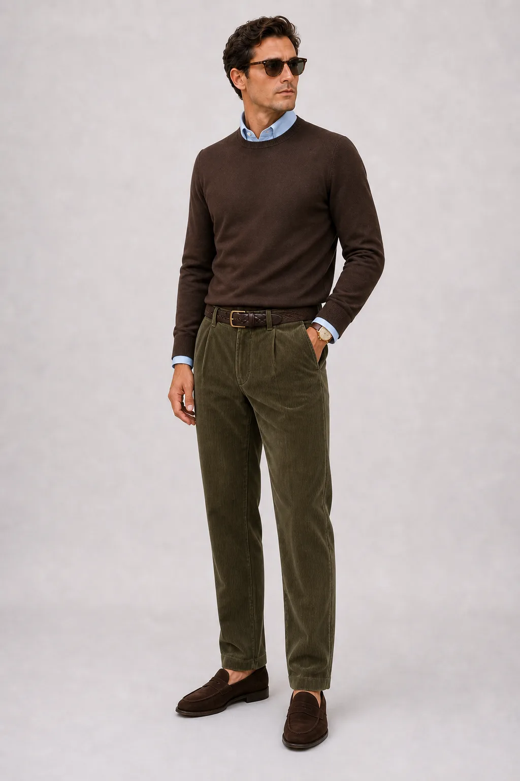 Crewneck-Pullover Feinstrick Schokobraun über Button-Down-Hemd, dazu Cordhose Oliv und Penny Loafer — Penny Loafer Wildleder Dunkelbraun