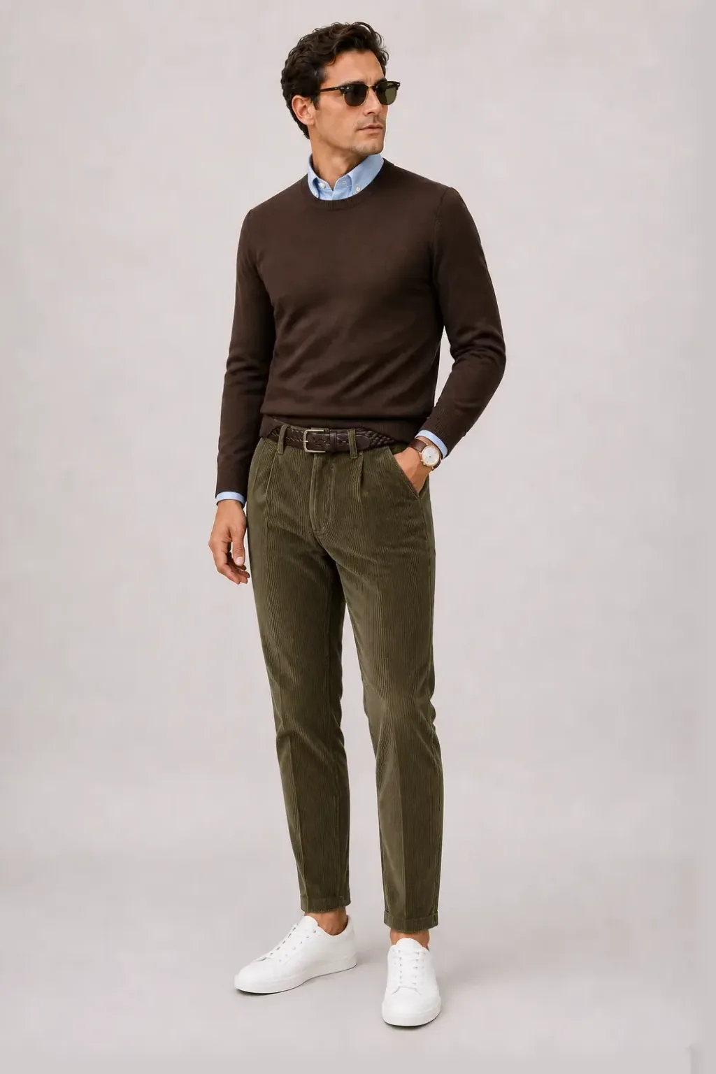 Crewneck-Pullover Feinstrick Schokobraun über Button-Down-Hemd, dazu Cordhose Oliv und Penny Loafer — Sneaker Weiss