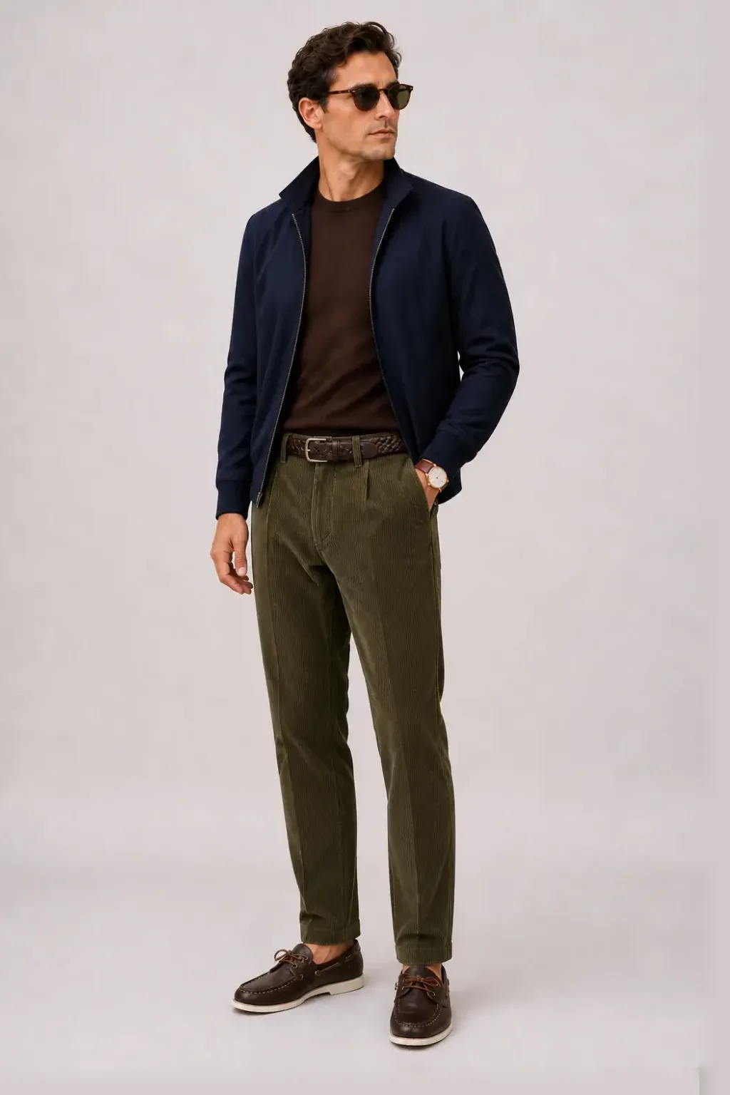Harrington Blouson Navy über Cardigan, dazu Cordhose Oliv und Bootsschuh — Crewneck-Pullover Feinstrick Schokobraun