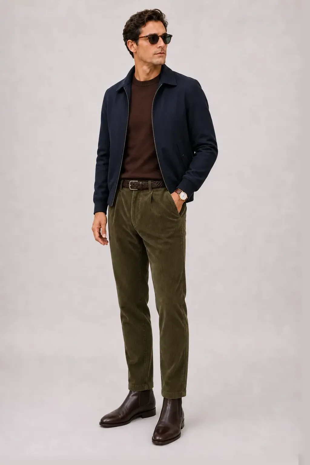 Harrington Blouson Navy über Crewneck-Pullover Feinstrick Schokobraun, dazu Cordhose Oliv und Bootsschuh