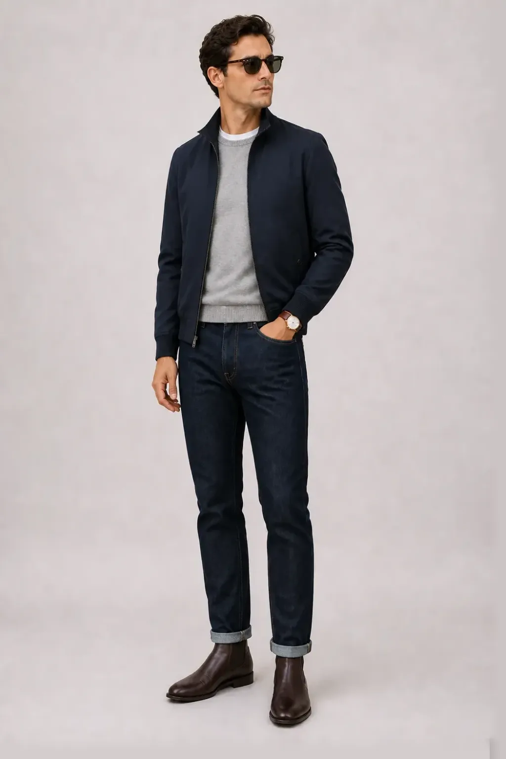 Harrington Blouson Navy über T-Shirt, dazu Jeans Navy und Chelsea Boot — Crewneck-Pullover Feinstrick Hellgrau