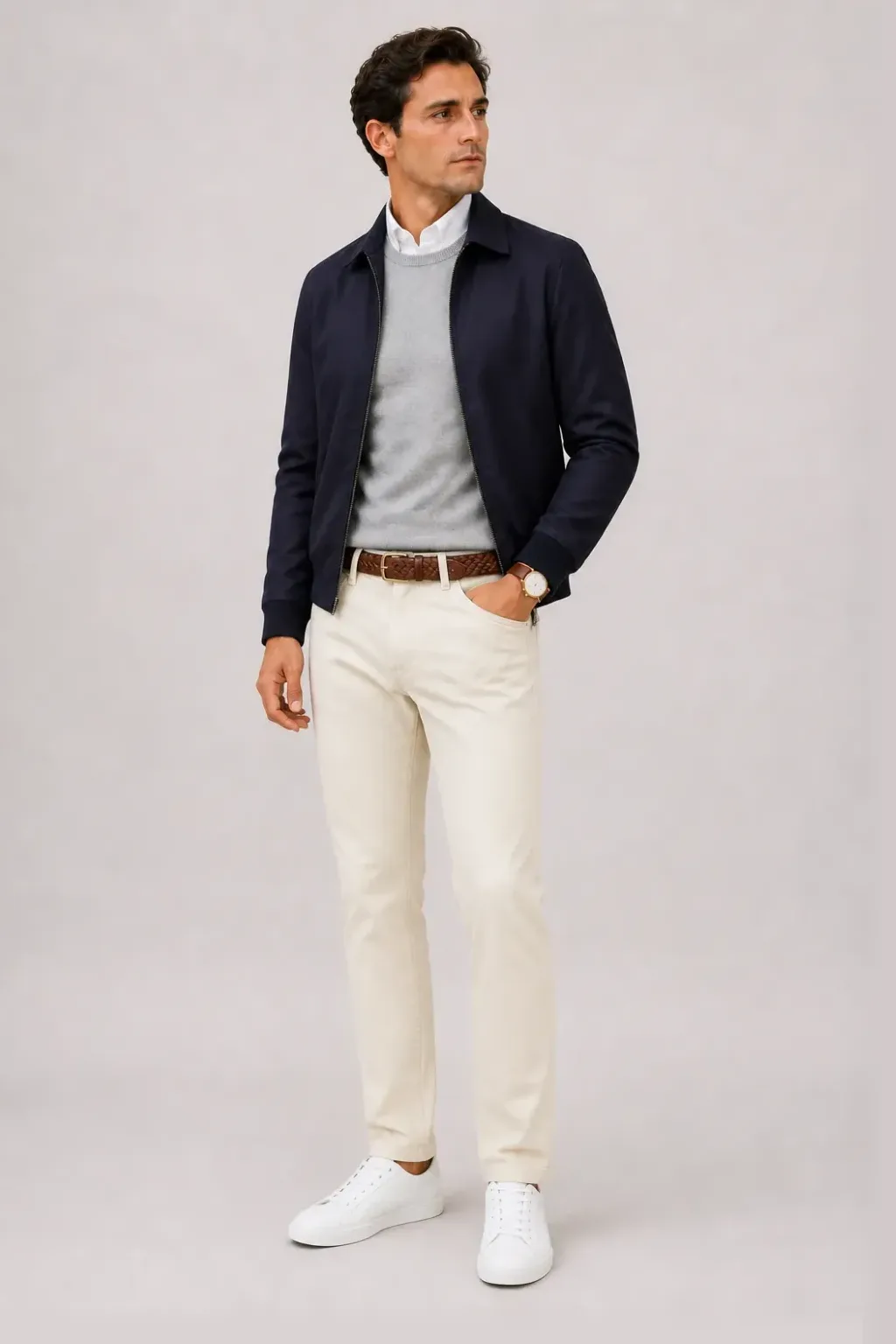 Harrington Blouson Navy über Crewneck-Pullover Feinstrick Hellgrau und Button-Down-Hemd Weiss, dazu Chino Creme und Sneaker