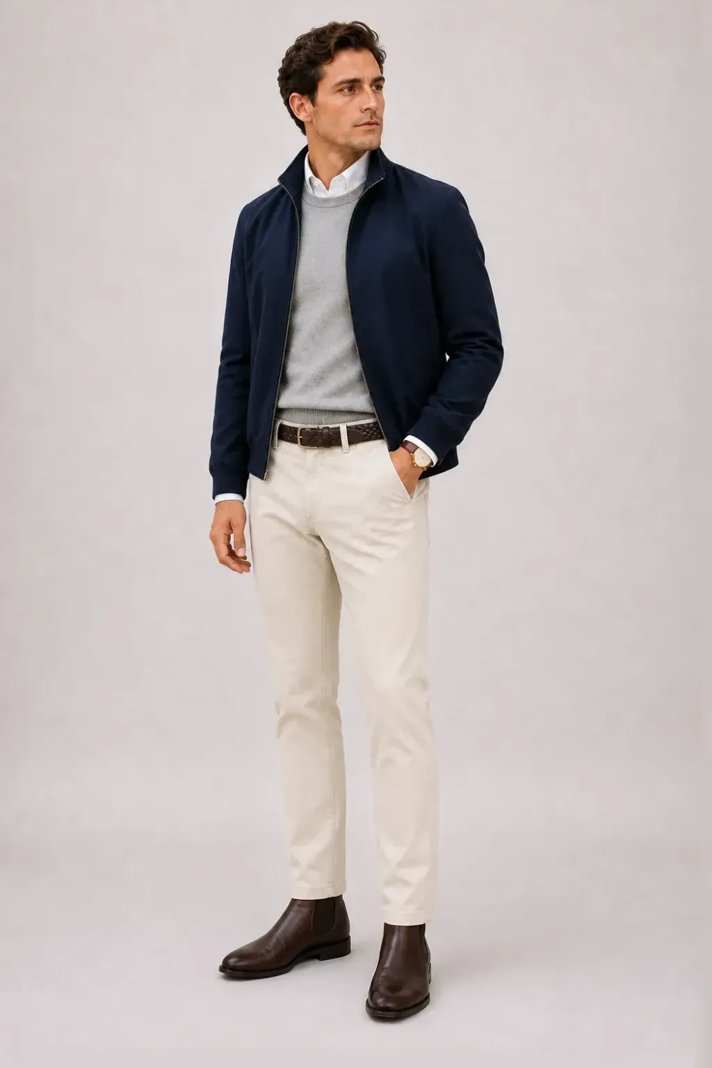 Harrington Blouson Navy über Crewneck-Pullover Feinstrick Hellgrau und Button-Down-Hemd Weiss, dazu Chino Creme und Sneaker