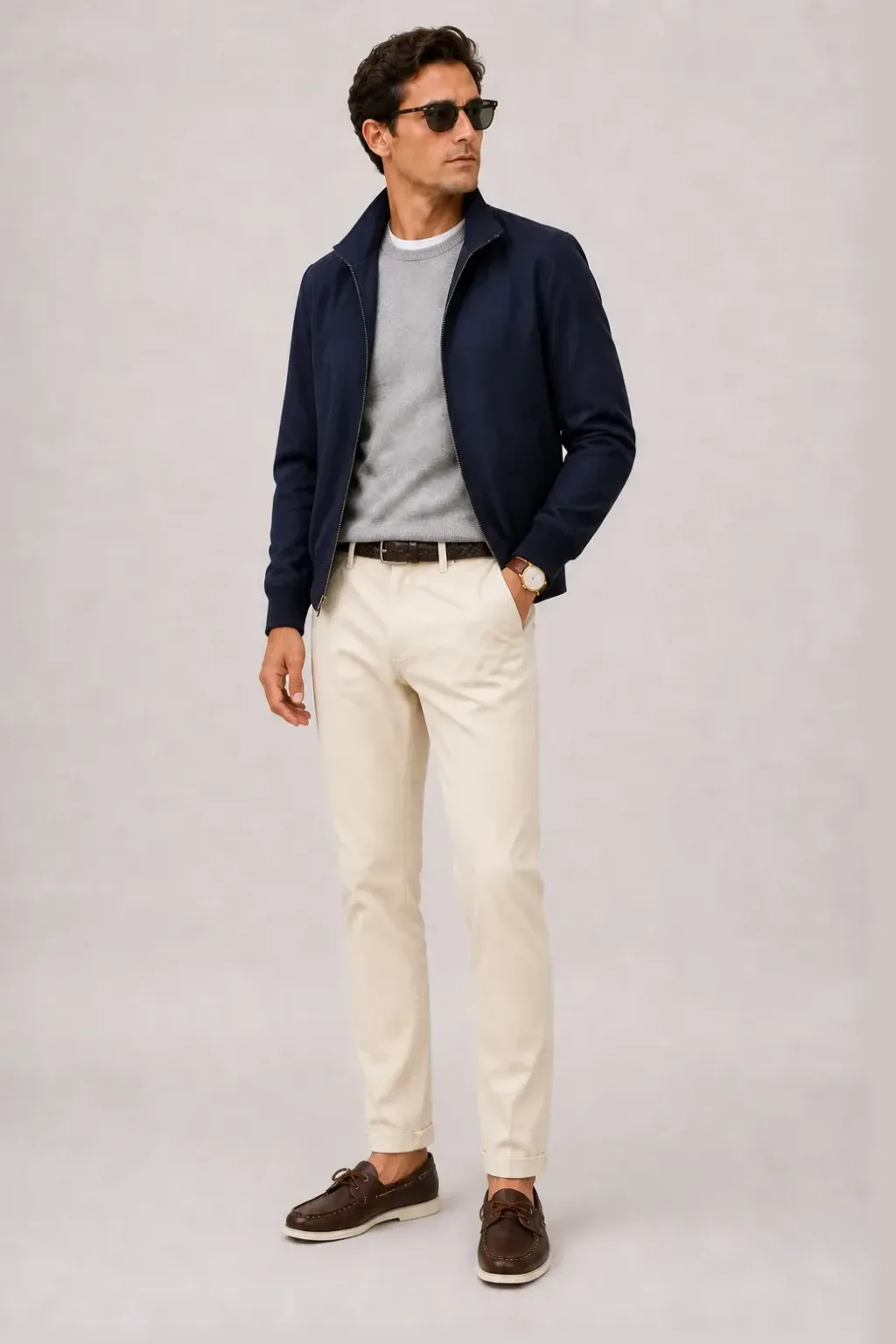 Harrington Blouson Navy über Cardigan, dazu Chino Creme und Bootsschuh — Crewneck-Pullover Feinstrick Hellgrau