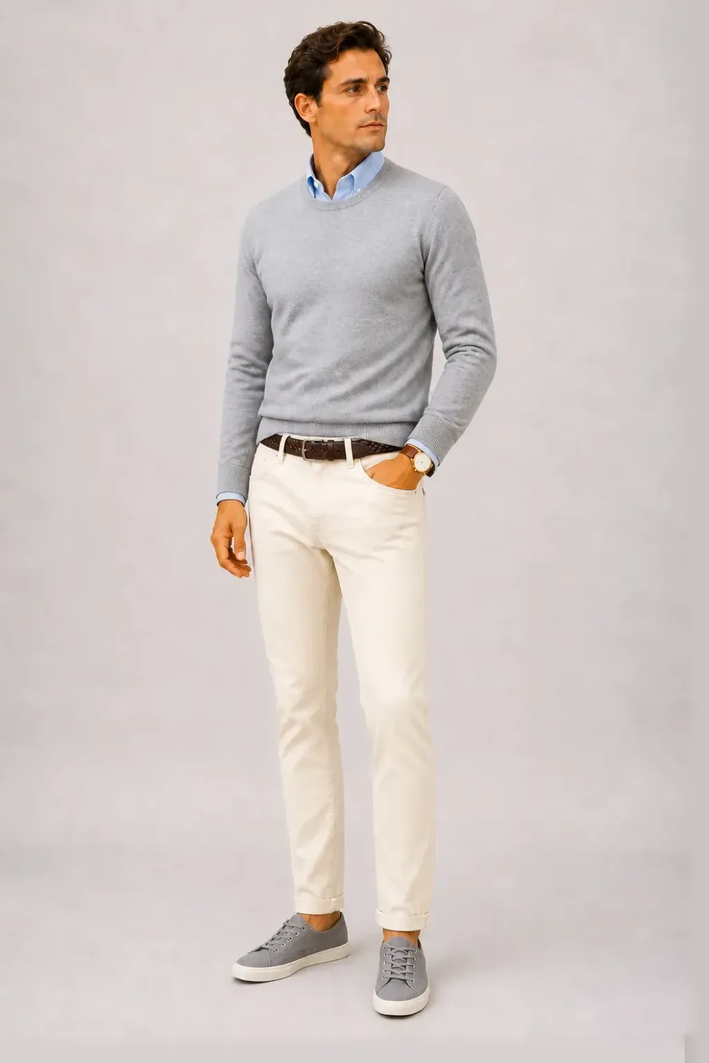 Crewneck-Pullover Feinstrick Hellgrau über Button-Down-Hemd, dazu Chino Creme und Canvas Sneaker