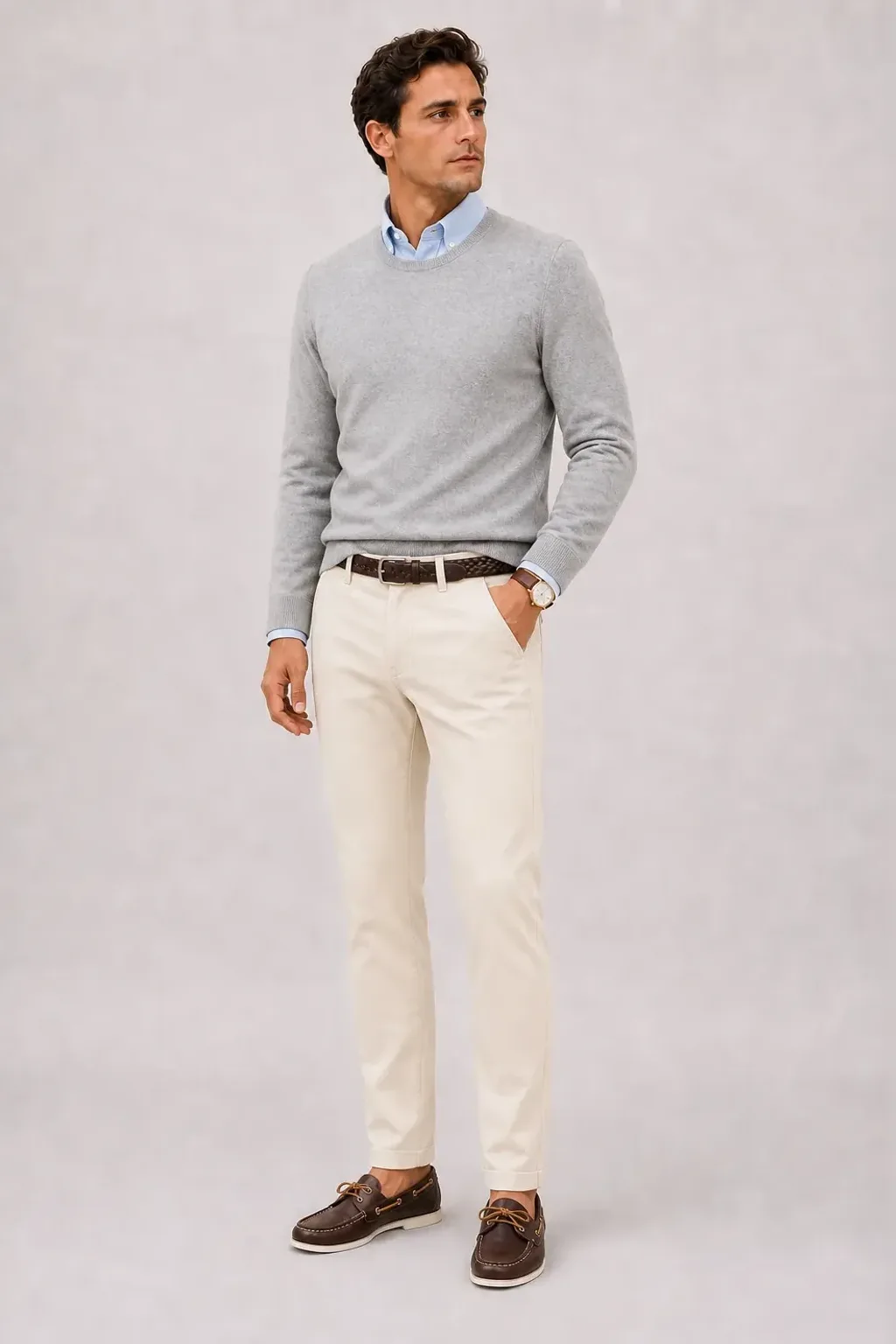 Crewneck-Pullover Feinstrick Hellgrau über Button-Down-Hemd, dazu Chino Creme und Canvas Sneaker — Bootsschuh Dunkelbraun