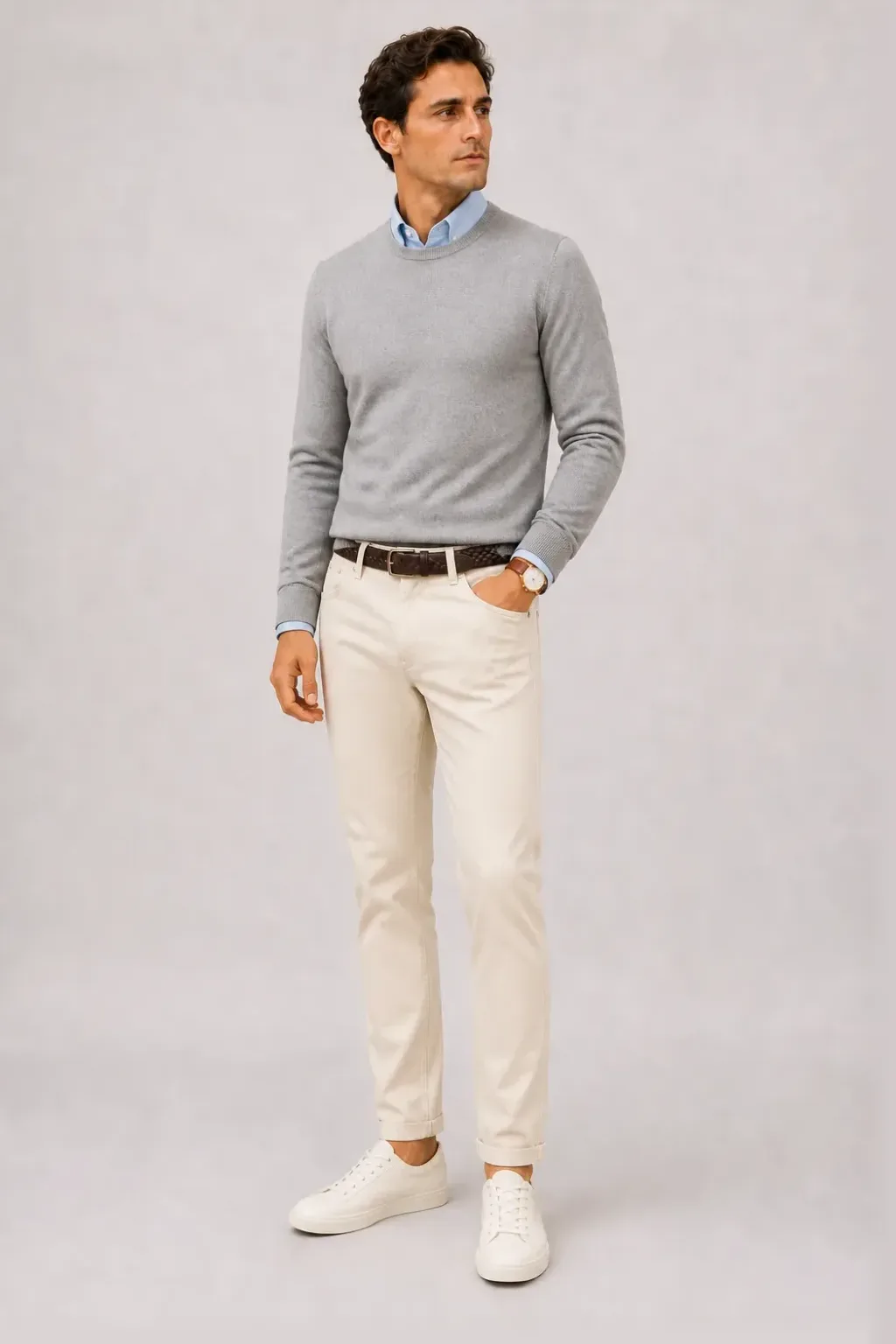 Crewneck-Pullover Feinstrick Hellgrau über Button-Down-Hemd, dazu Chino Creme und Canvas Sneaker — Canvas Sneaker Off-White