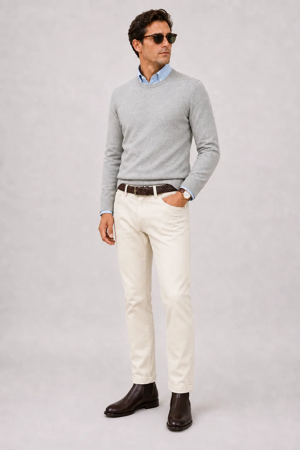 Crewneck-Pullover Feinstrick Hellgrau über Button-Down-Hemd, dazu Chino Creme und Canvas Sneaker