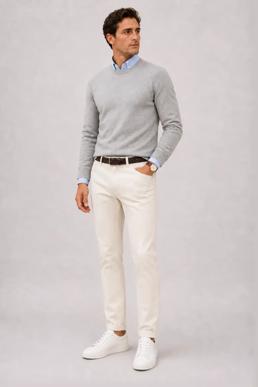 Crewneck-Pullover Feinstrick Hellgrau über Button-Down-Hemd, dazu Chino Creme und Canvas Sneaker — Sneaker Weiss