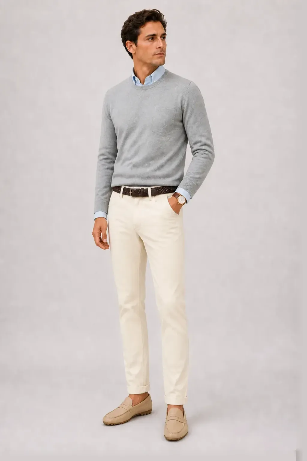 Crewneck-Pullover Feinstrick Hellgrau über Button-Down-Hemd, dazu Chino Creme und Canvas Sneaker — Yacht Loafer Beige