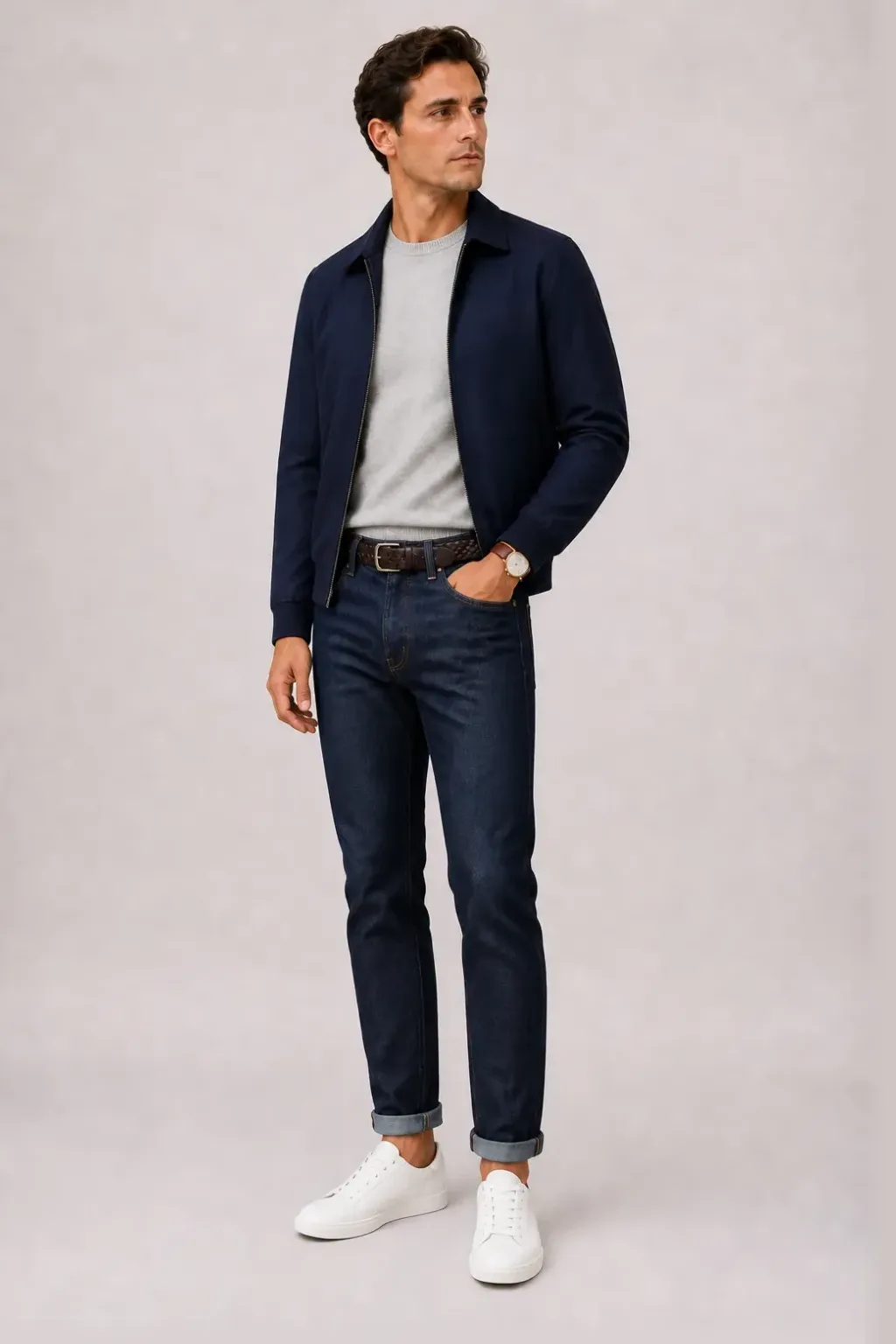 Harrington Blouson Navy über Crewneck-Pullover Feinstrick Hellgrau, dazu Jeans Navy und Sneaker