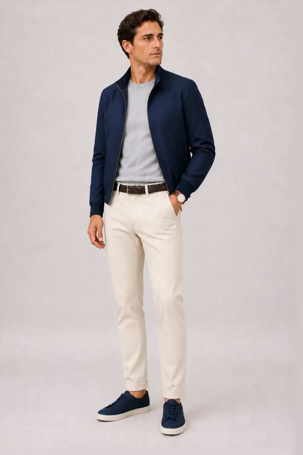 Harrington Blouson Navy über Crewneck-Pullover Feinstrick, dazu Chino Creme und Canvas Sneaker