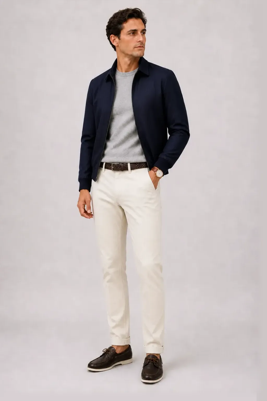 Harrington Blouson Navy über Crewneck-Pullover Feinstrick, dazu Chino Creme und Canvas Sneaker — Bootsschuh Dunkelbraun