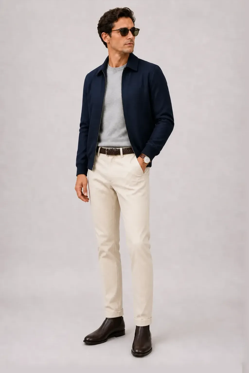 Harrington Blouson Navy über Crewneck-Pullover Feinstrick, dazu Chino Creme und Canvas Sneaker