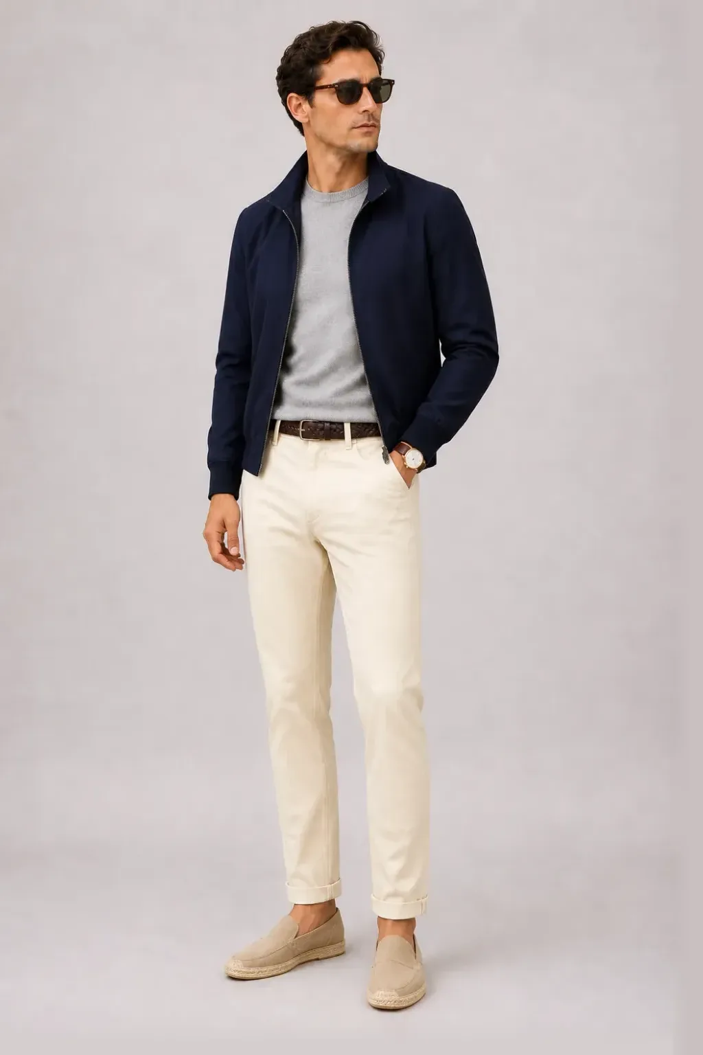 Harrington Blouson Navy über Crewneck-Pullover Feinstrick, dazu Chino Creme und Canvas Sneaker — Espadrille Beige