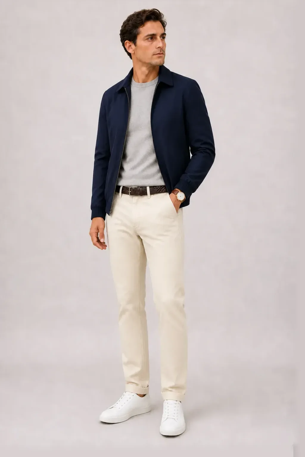 Harrington Blouson Navy über Crewneck-Pullover Feinstrick, dazu Chino Creme und Canvas Sneaker — Sneaker Weiss
