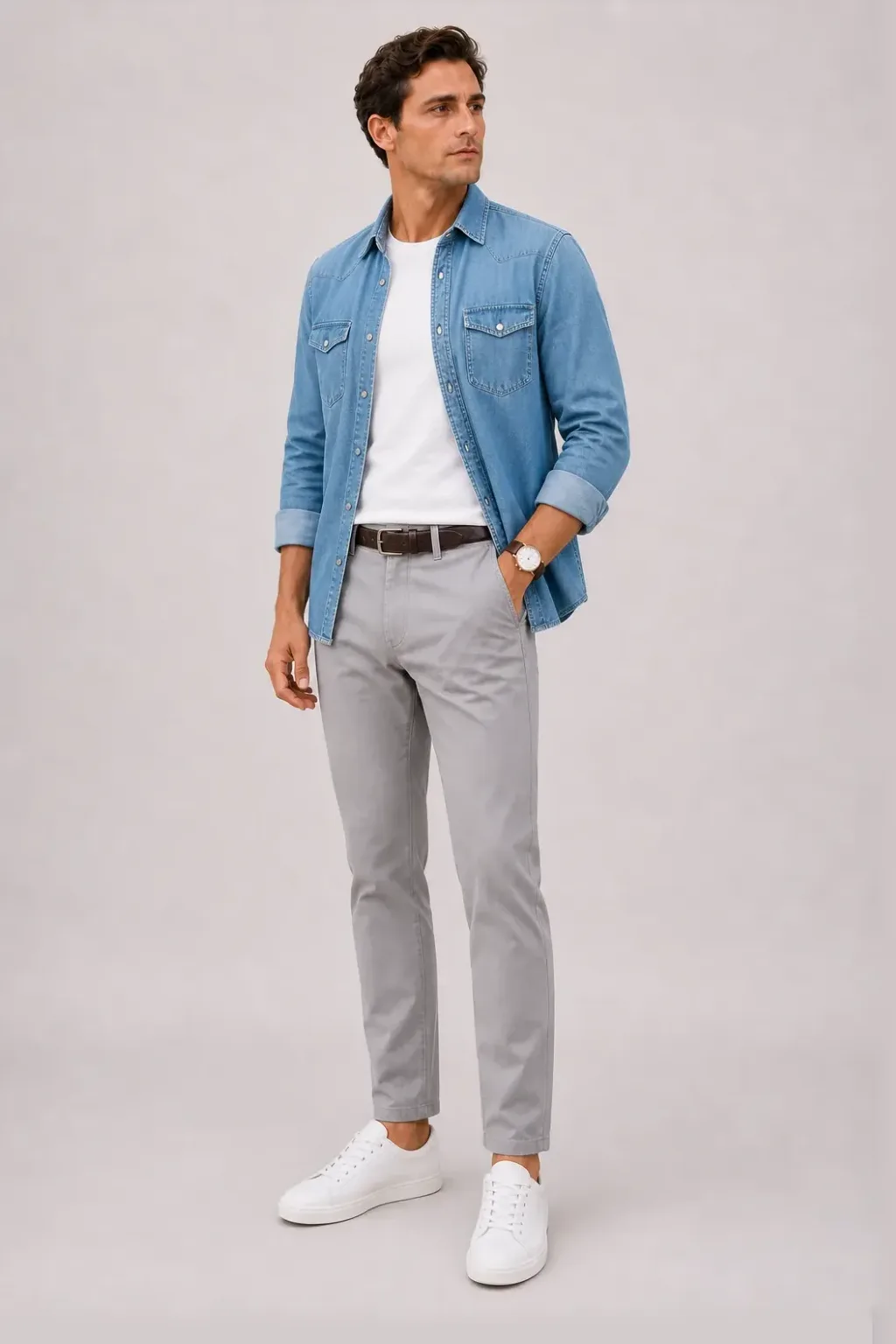 Denim-Hemd Hellblau über T-Shirt, dazu Chino Mittelgrau und Sneaker