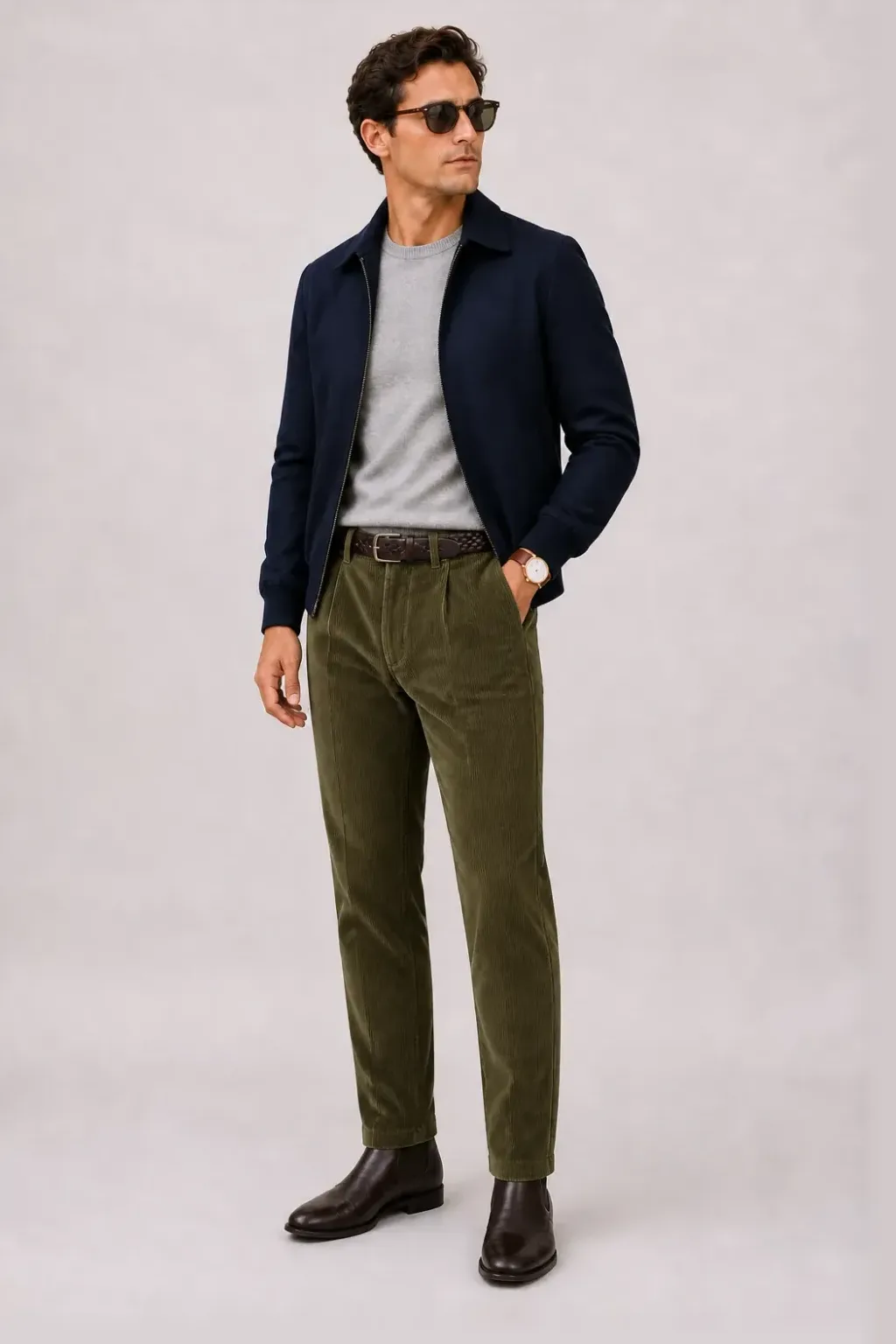 Harrington Blouson Navy über Button-Down-Hemd, dazu Cordhose Oliv und Chelsea Boot — Crewneck-Pullover Feinstrick Hellgrau