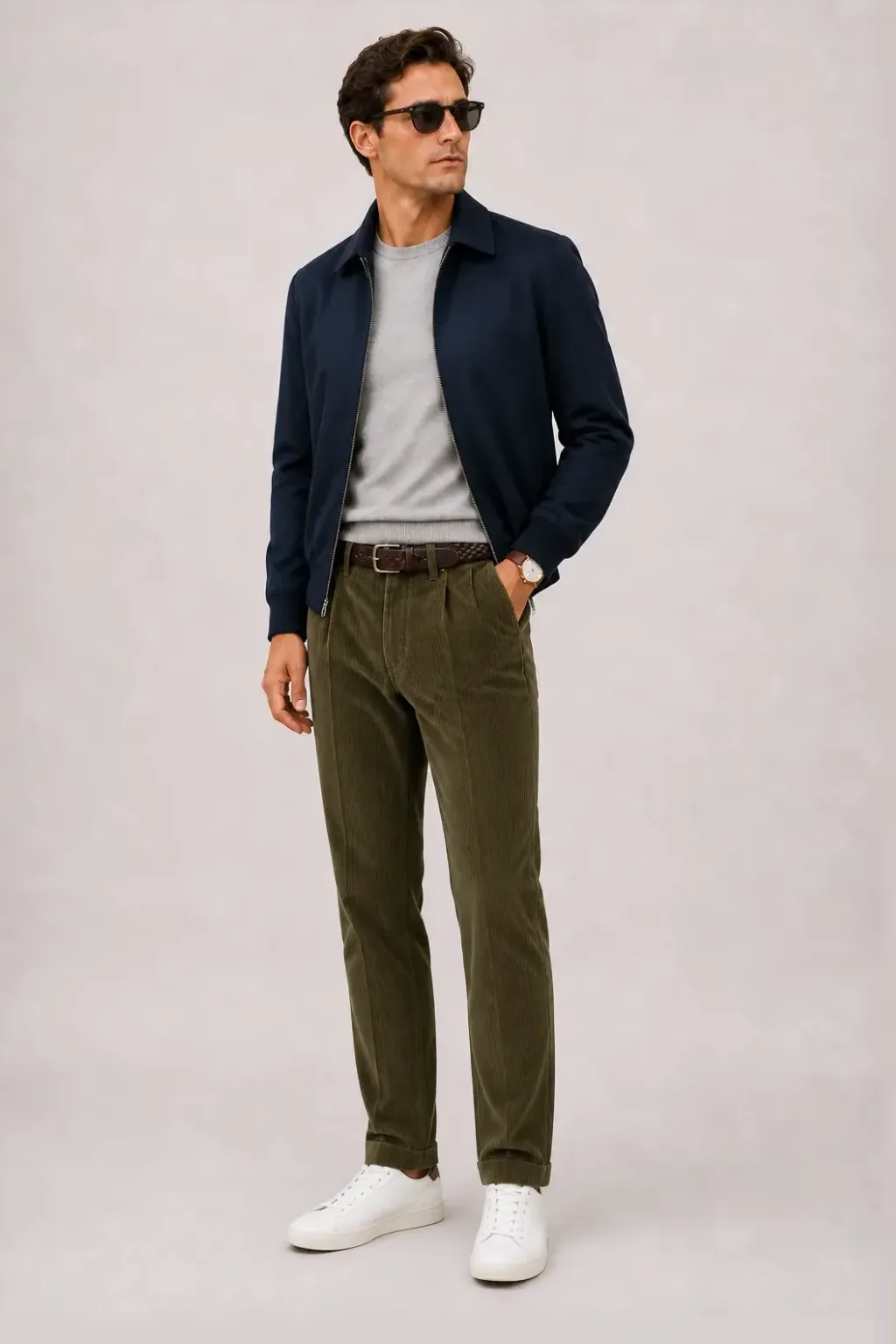 Harrington Blouson Navy über Crewneck-Pullover Feinstrick Hellgrau, dazu Cordhose Oliv und Chelsea Boot