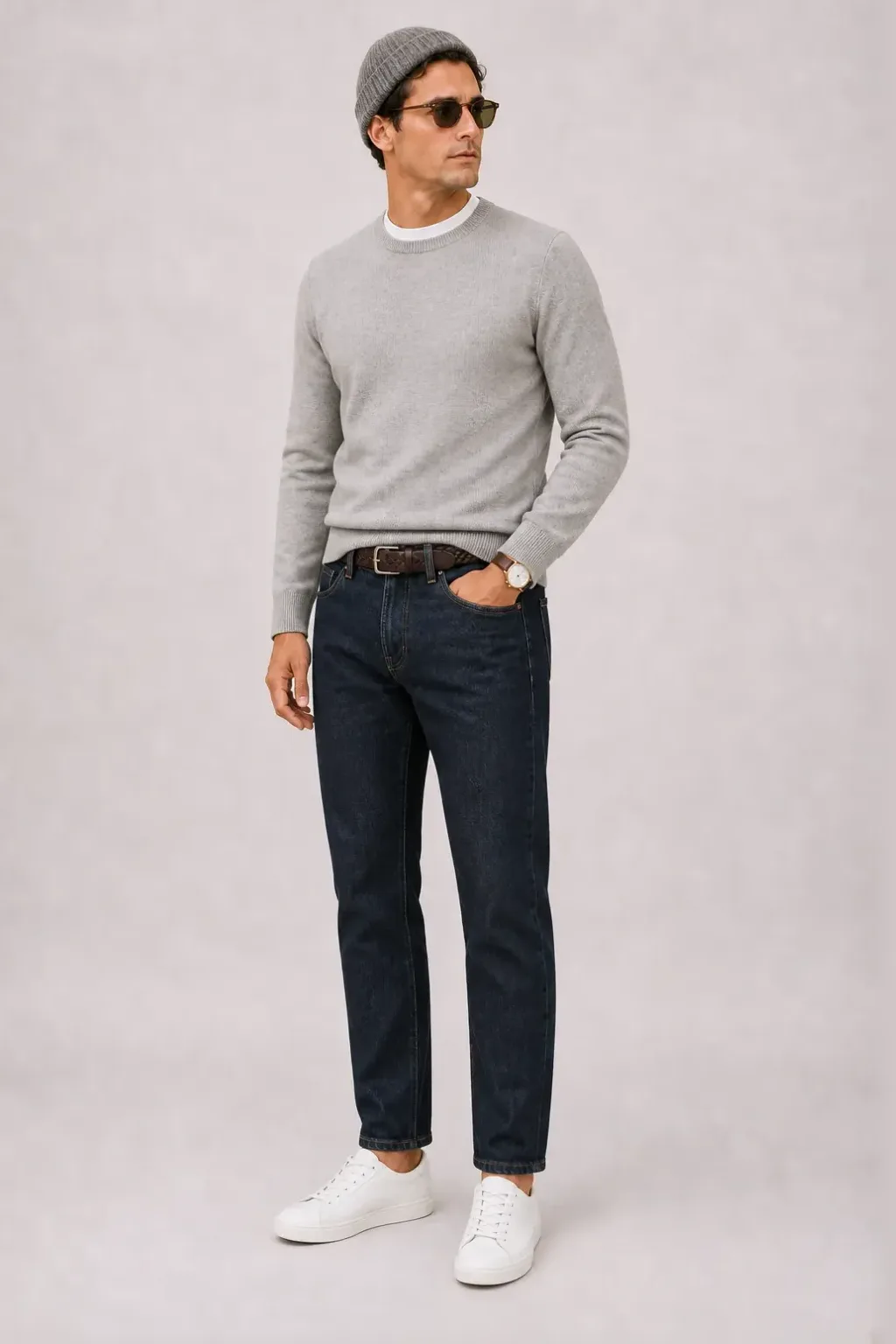 Crewneck-Pullover Feinstrick Hellgrau über T-Shirt, dazu Jeans Navy und Sneaker