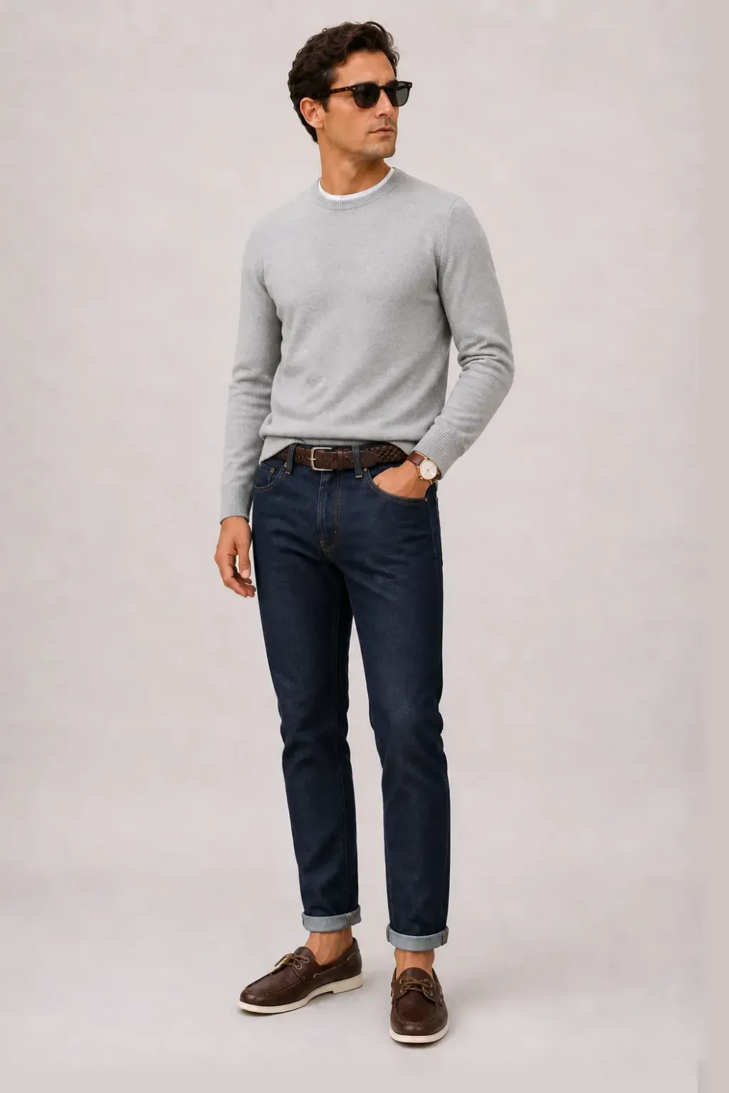 Crewneck-Pullover Feinstrick Hellgrau über T-Shirt, dazu Jeans Navy und Sneaker