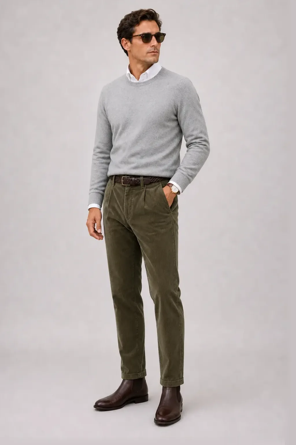 Crewneck-Pullover Feinstrick Hellgrau über Button-Down-Hemd, dazu Cordhose Oliv und Chelsea Boot