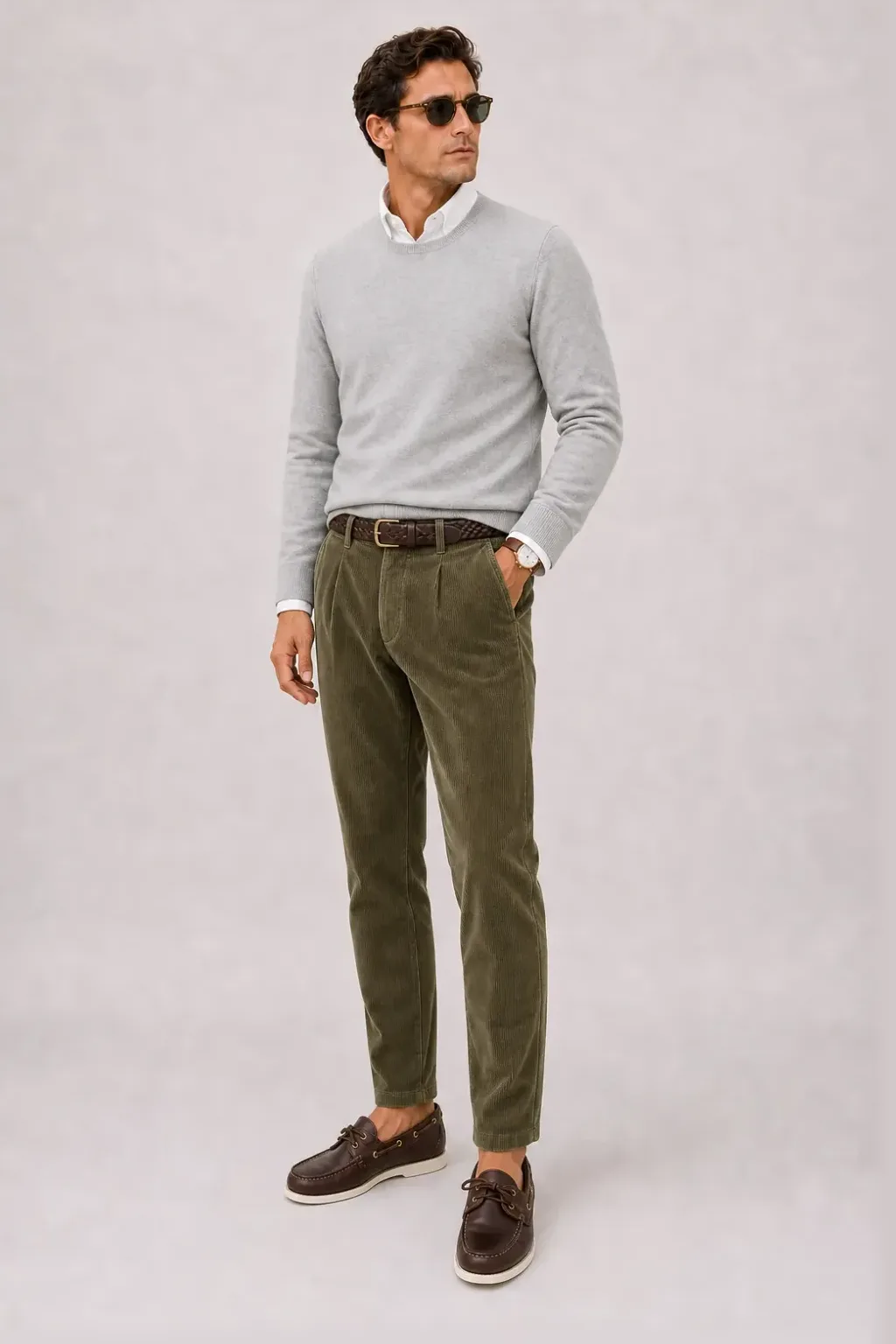 Crewneck-Pullover Feinstrick Hellgrau über Button-Down-Hemd, dazu Cordhose Oliv und Chelsea Boot — Bootsschuh Dunkelbraun