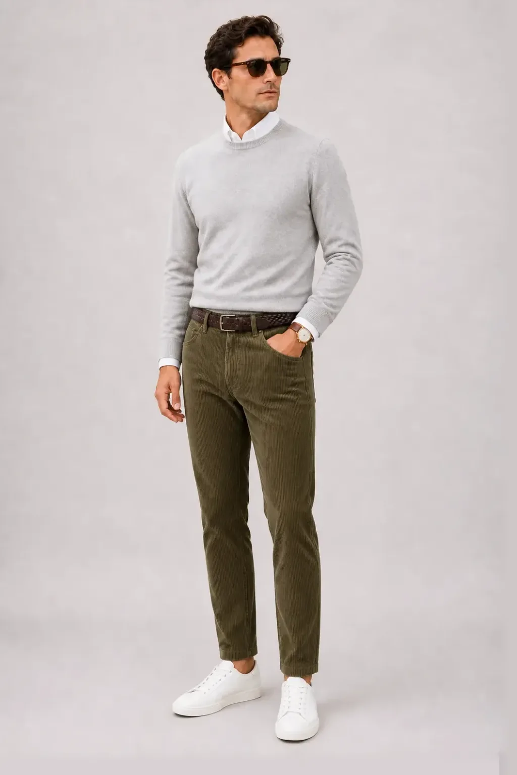 Crewneck-Pullover Feinstrick Hellgrau über Button-Down-Hemd, dazu Cordhose Oliv und Chelsea Boot — Sneaker Weiss