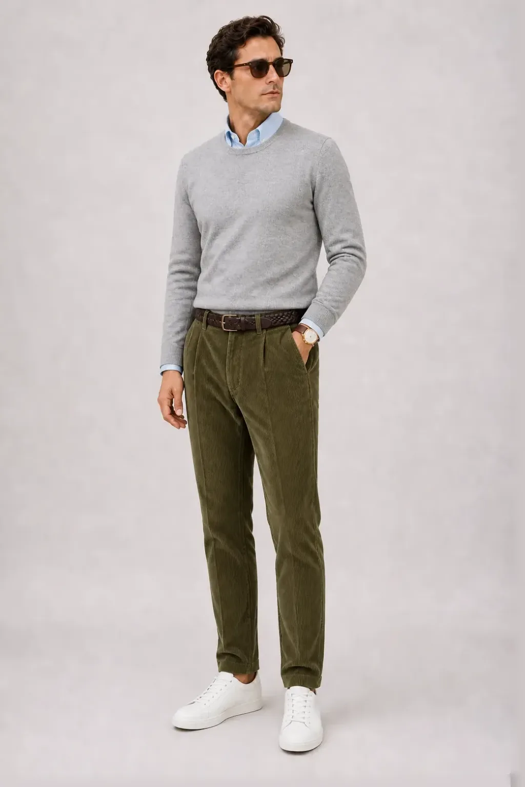 Crewneck-Pullover Feinstrick Hellgrau über Button-Down-Hemd, dazu Cordhose Oliv und Sneaker