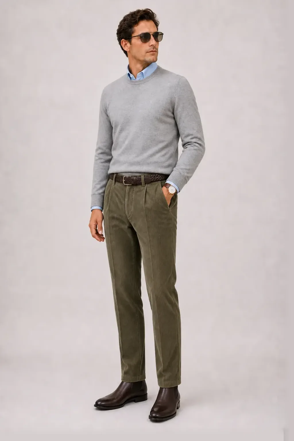 Crewneck-Pullover Feinstrick Hellgrau über Button-Down-Hemd, dazu Cordhose Oliv und Sneaker