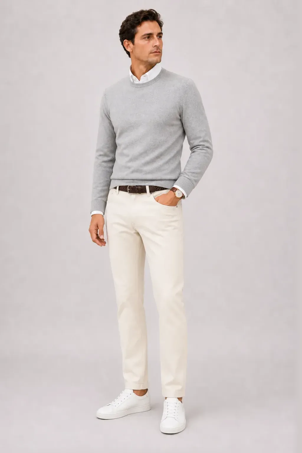Crewneck-Pullover Feinstrick Hellgrau über T-Shirt, dazu Chino-Shorts Navy und Sneaker — Chino Creme