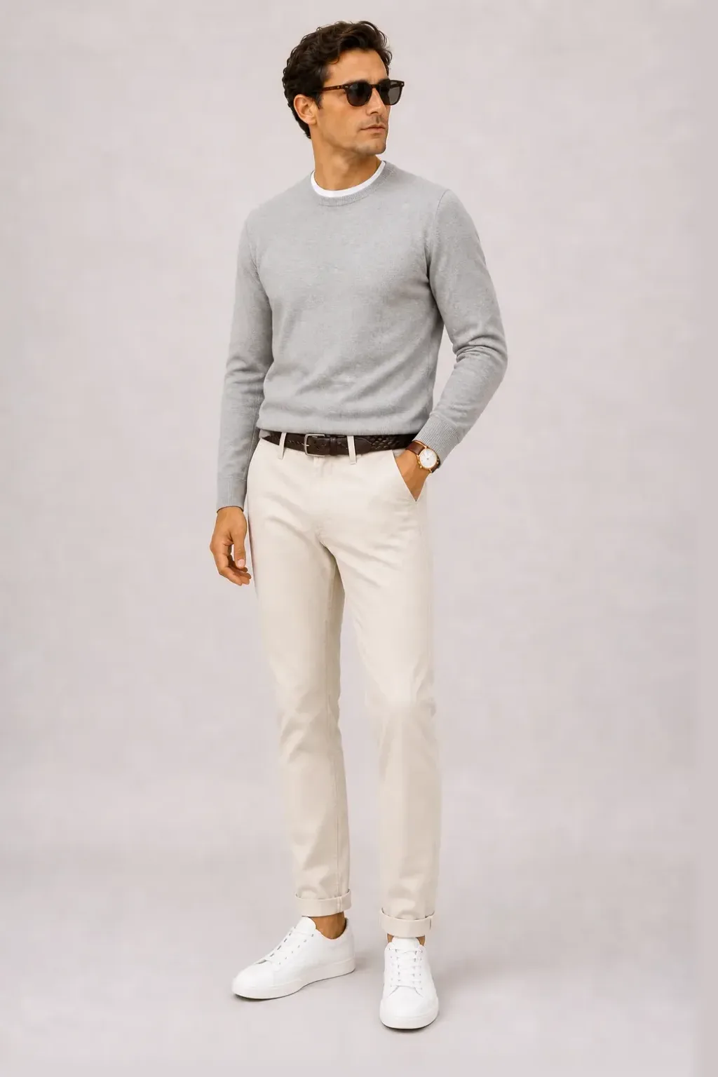 Crewneck-Pullover Feinstrick Hellgrau über Button-Down-Hemd, dazu Chino Creme und Sneaker — T-Shirt Weiss