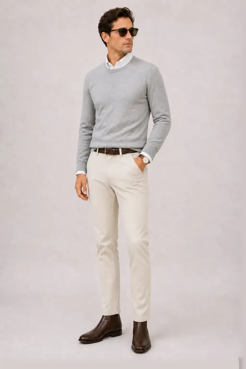 Crewneck-Pullover Feinstrick Hellgrau über Button-Down-Hemd, dazu Chino Creme und Sneaker