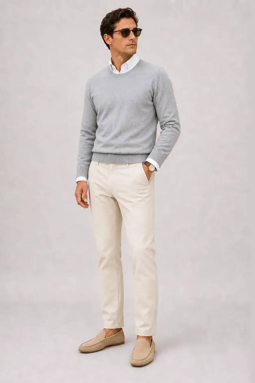 Crewneck-Pullover Feinstrick Hellgrau über Button-Down-Hemd, dazu Chino Creme und Sneaker