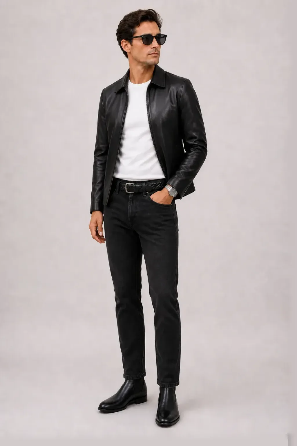 Lederjacke Schwarz über T-Shirt Hellgrau, dazu Jeans Schwarz und Chelsea Boot — T-Shirt Weiss