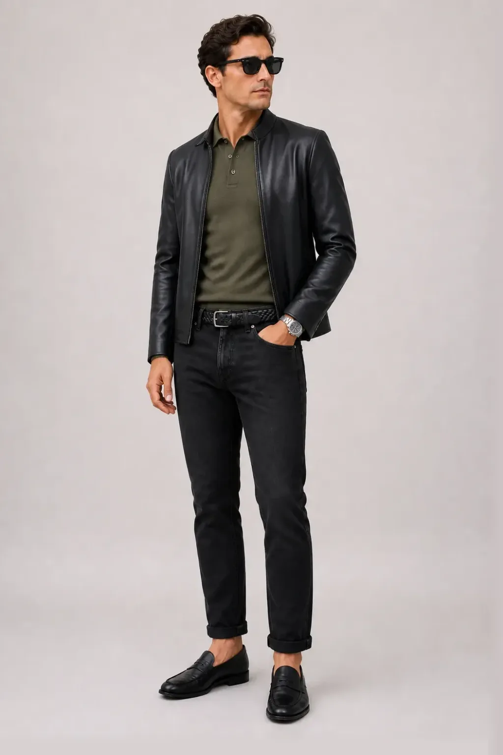 Lederjacke Schwarz über Strickpolo, dazu Jeans Schwarz und Penny Loafer
