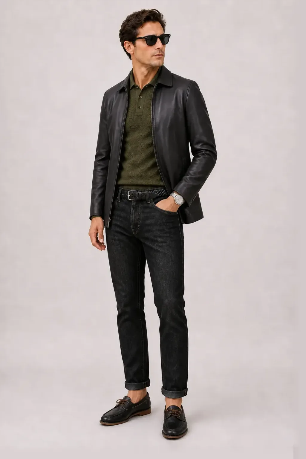 Lederjacke Schwarz über Strickpolo, dazu Jeans Schwarz und Penny Loafer