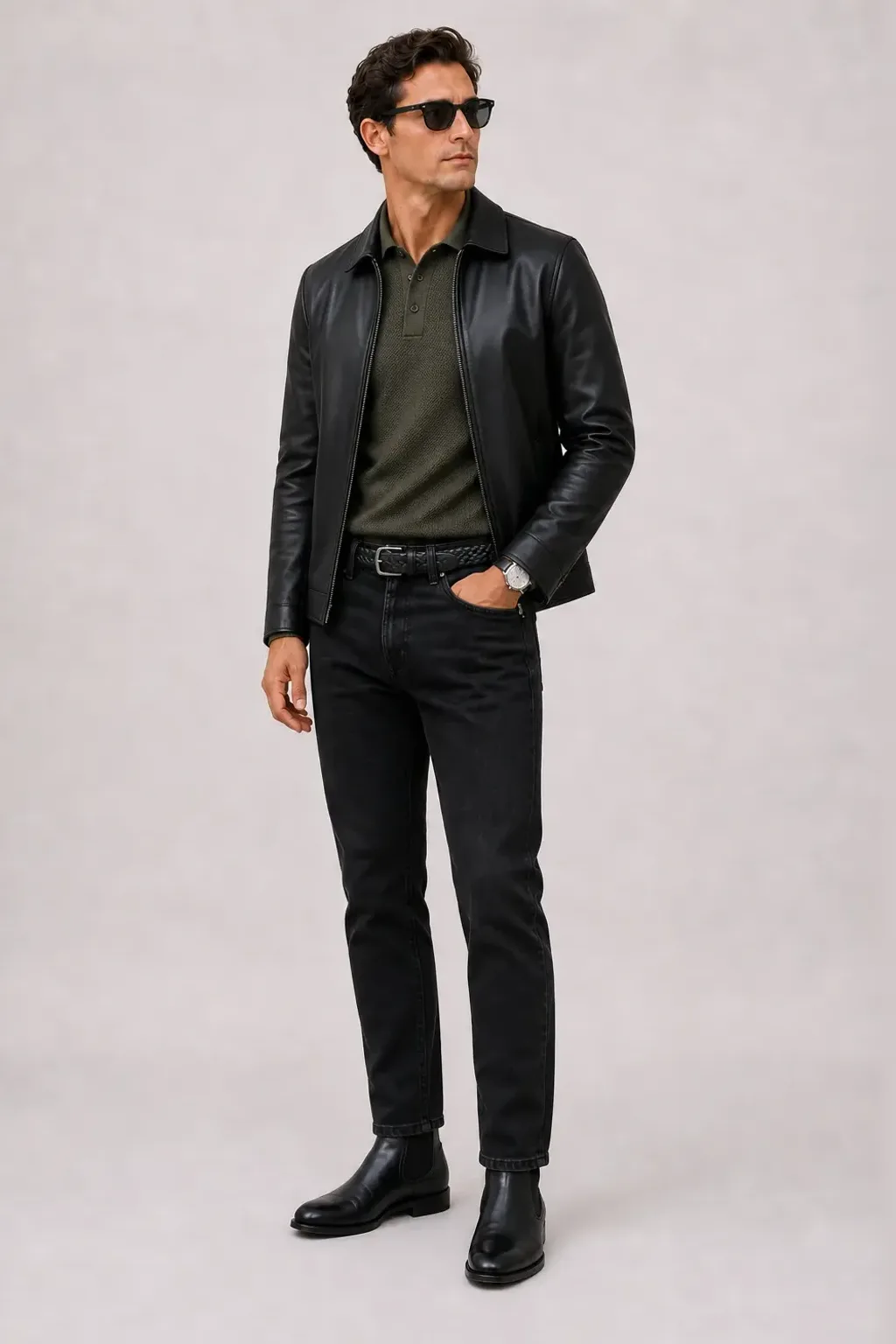 Lederjacke Schwarz über Strickpolo, dazu Jeans Schwarz und Penny Loafer — Chelsea Boot Schwarz
