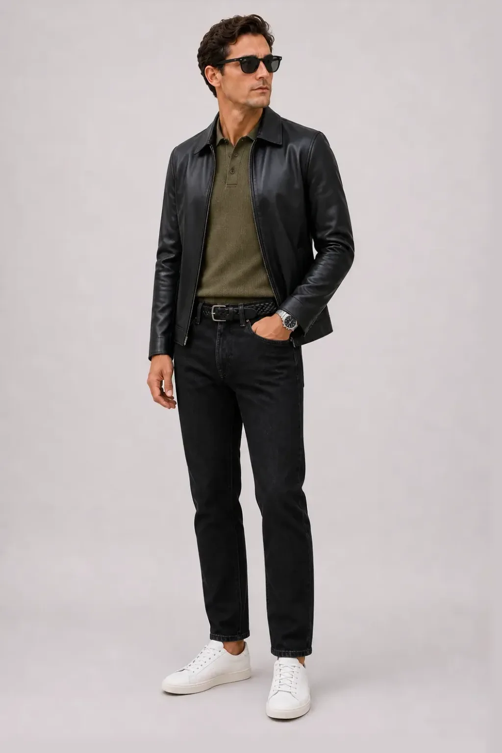 Lederjacke Schwarz über Strickpolo, dazu Jeans Schwarz und Penny Loafer — Sneaker Weiss