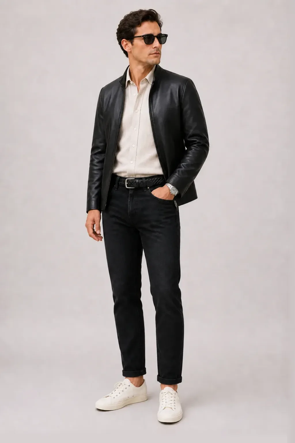 Lederjacke Schwarz über Leinenhemd, dazu Jeans Schwarz und Canvas Sneaker