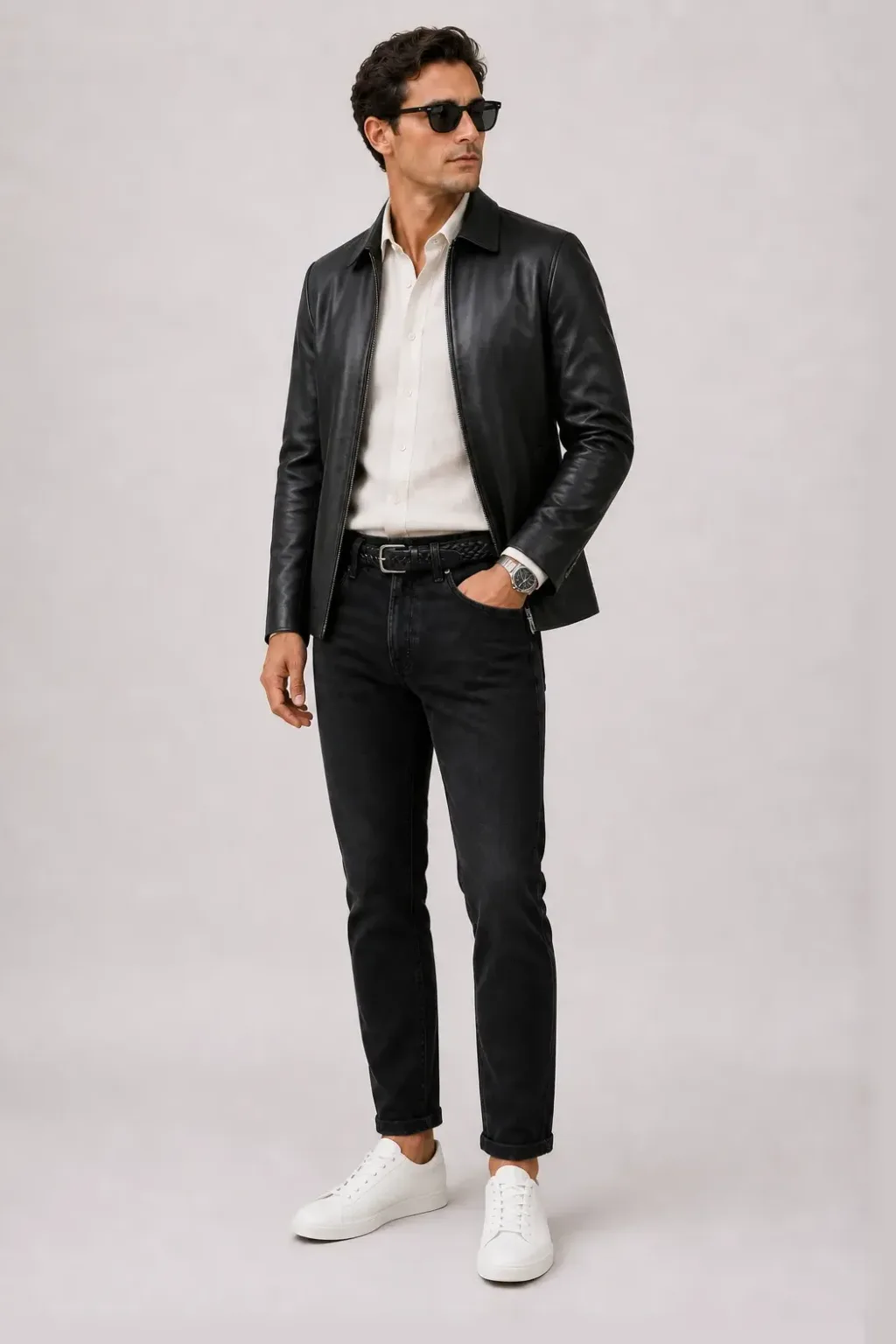 Lederjacke Schwarz über Leinenhemd, dazu Jeans Schwarz und Canvas Sneaker