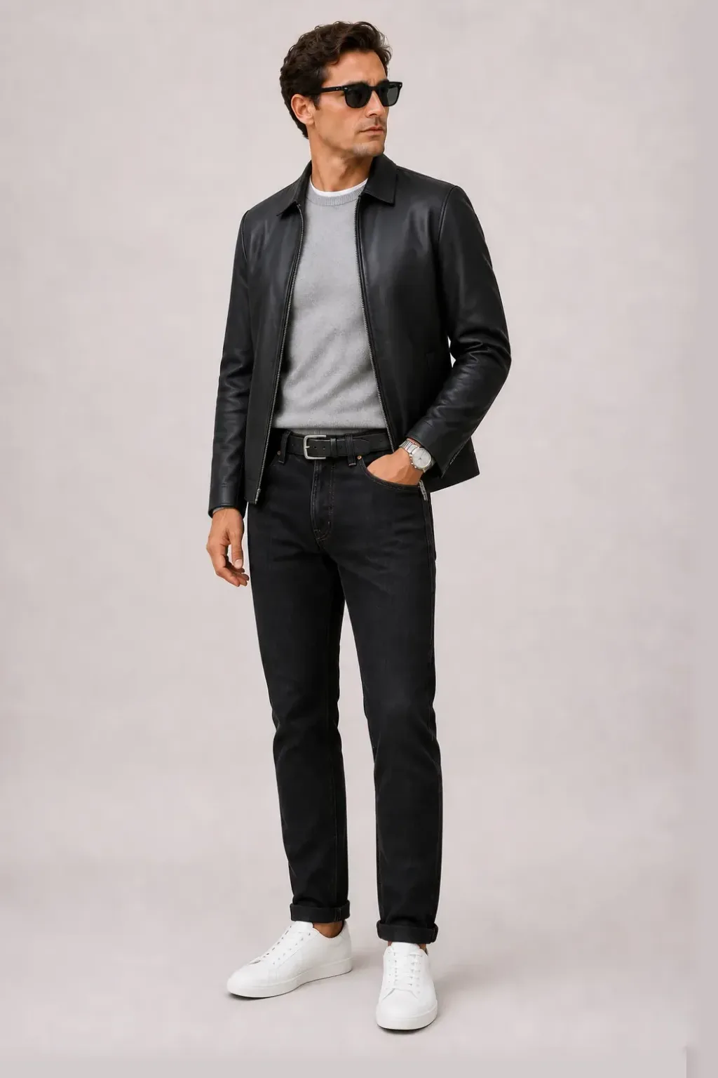 Lederjacke Schwarz über Crewneck-Pullover Feinstrick Hellgrau und T-Shirt Weiss, dazu Jeans Schwarz und Sneaker