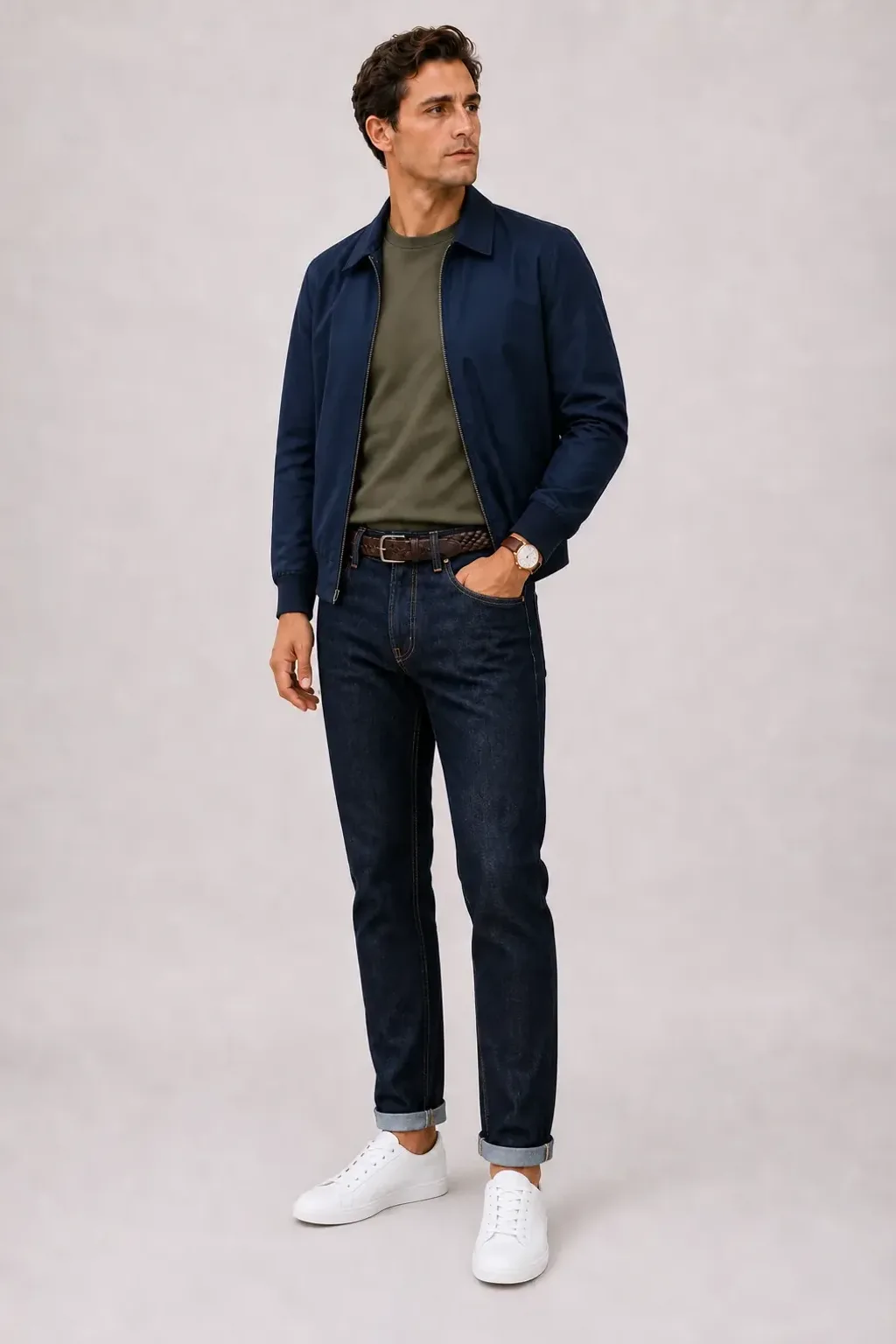Harrington Blouson Navy über T-Shirt Oliv, dazu Jeans Navy und Sneaker